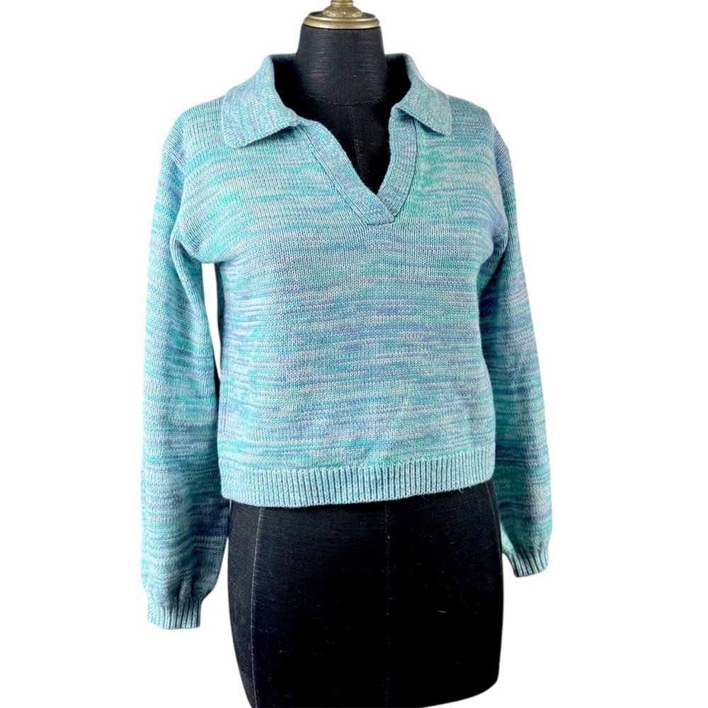 525 America Sweater Lattice Knit V-Neck with Collar Blue Purple Size XS